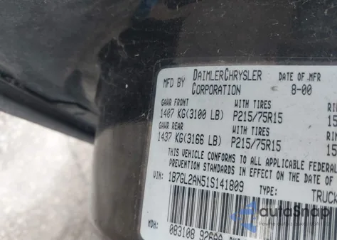 2001 Dodge Dakota Slt/Sport z USA, uszkodzony, nr VIN 1B7GL2AN51S141809